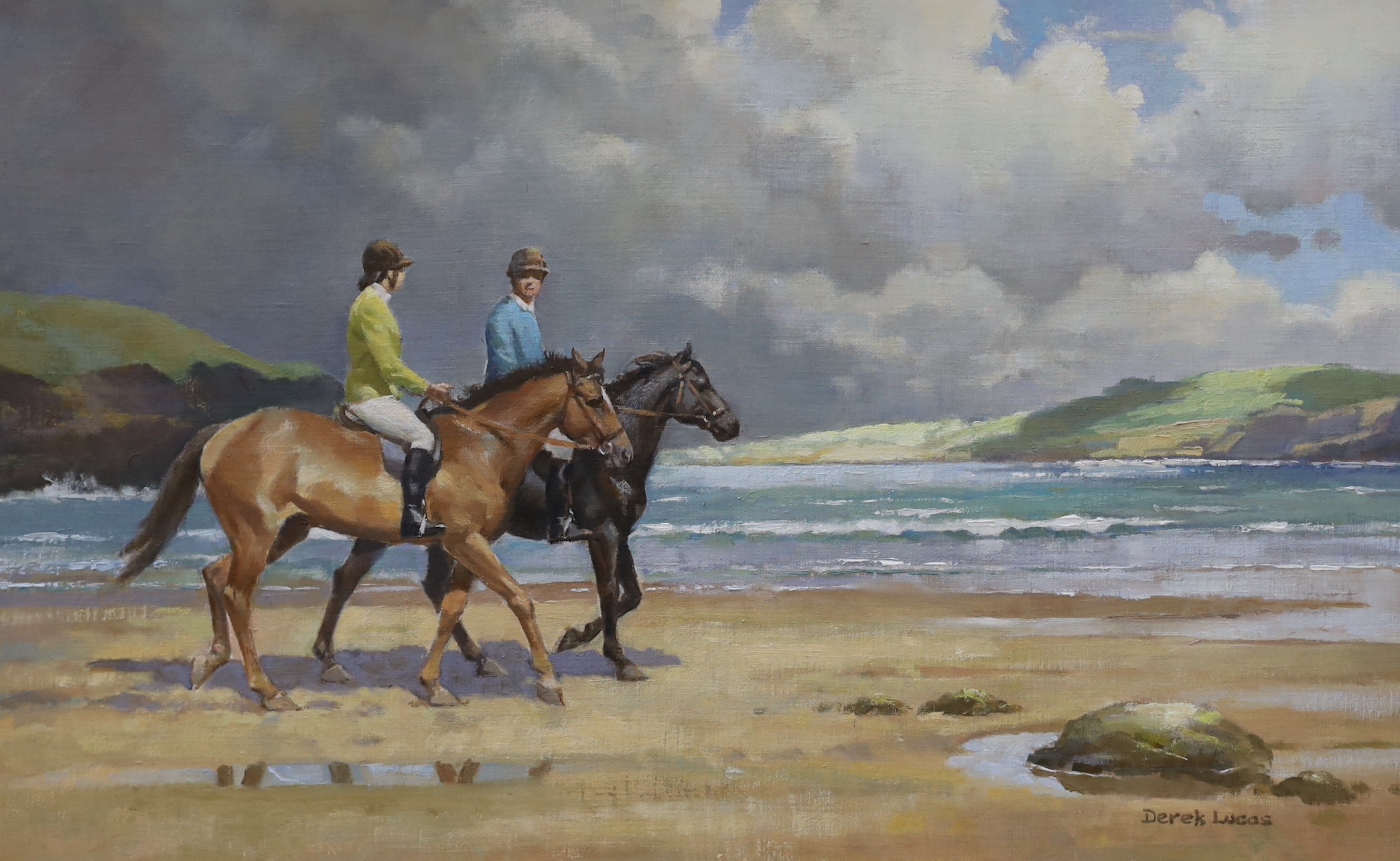 Derek Lucas, oil on board, Horse riders on the seashore, signed, 36 x 60cm